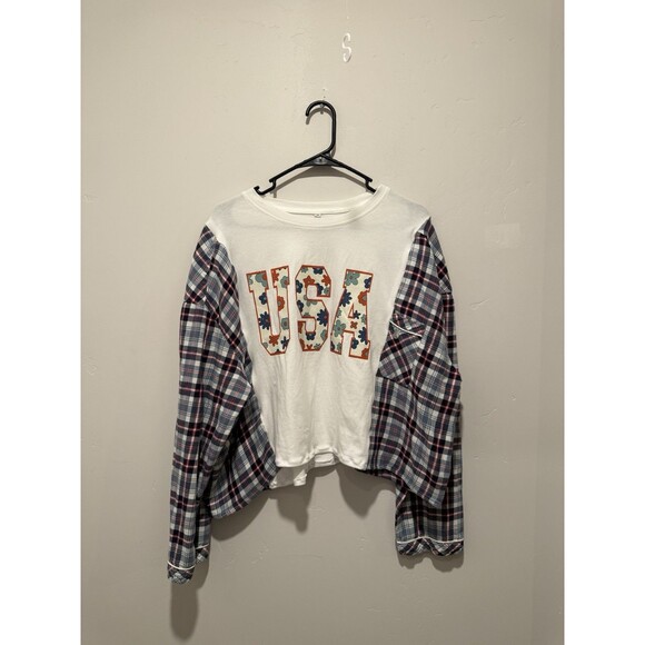 Reworked Upcycled USA Crop Flannel Top L/XL - Picture 1 of 4